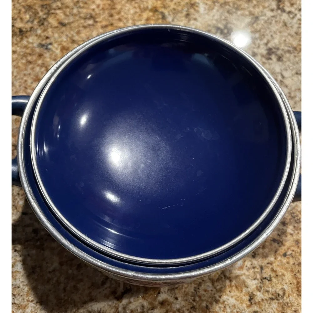 VTG ASTA Enamelware Casserole w/ Lid HTF Blue Speckle & Cobalt Trim Germany 7